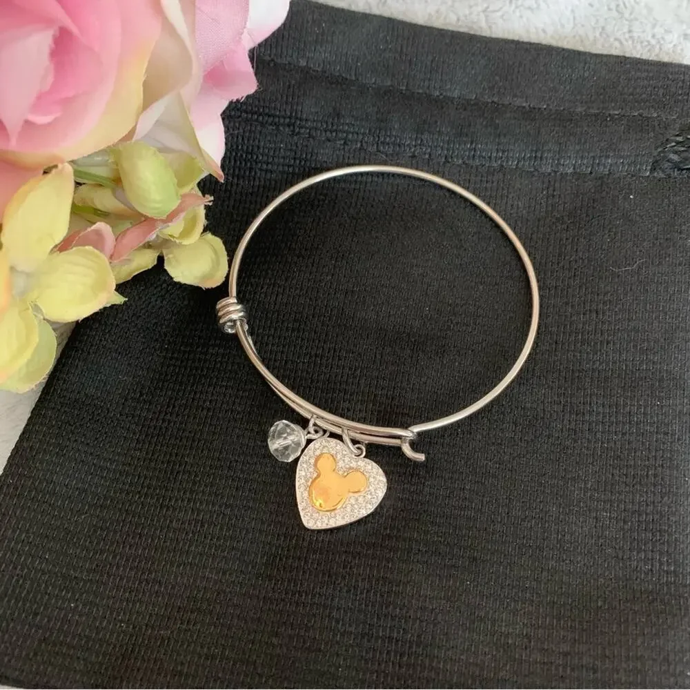 Disney Rhinestone Mickey Heart Charm My Heart Belongs To You Wire Bracelet - Picture 5 of 5